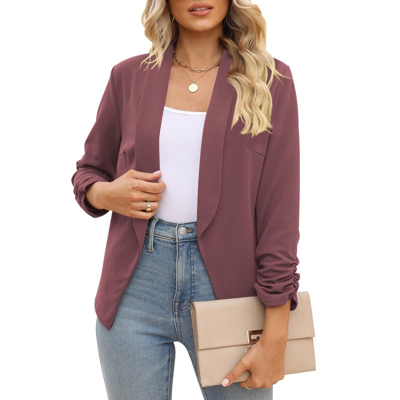 POGTMM Ladies Blazers and Jackets Office 3 4 Sleeve Ruched Fitted Work Suit Jackets (Red Bean Grey, M) - Image 1
